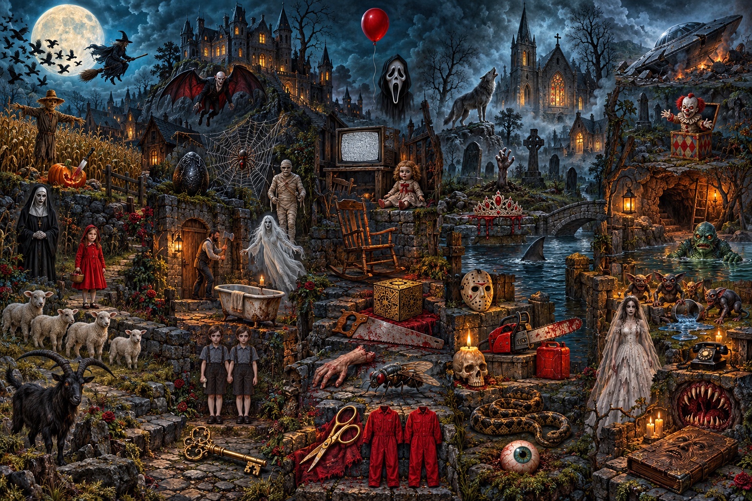 A moonlit gothic village filled with strange objects, ominous figures and visual clues to fifty horror movies.